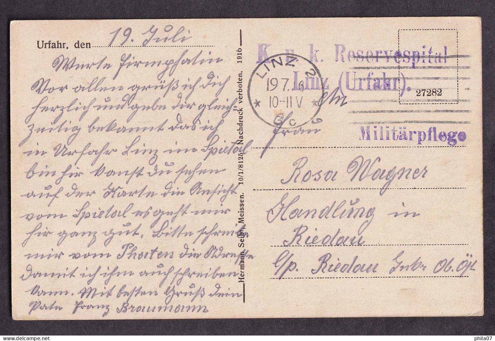 AUSTRIA -  Urfahr Bei Linz A.d. Donau Petrinum / Military Cancel On The Back / Postcard Circulated, 2 Scans - Linz Urfahr