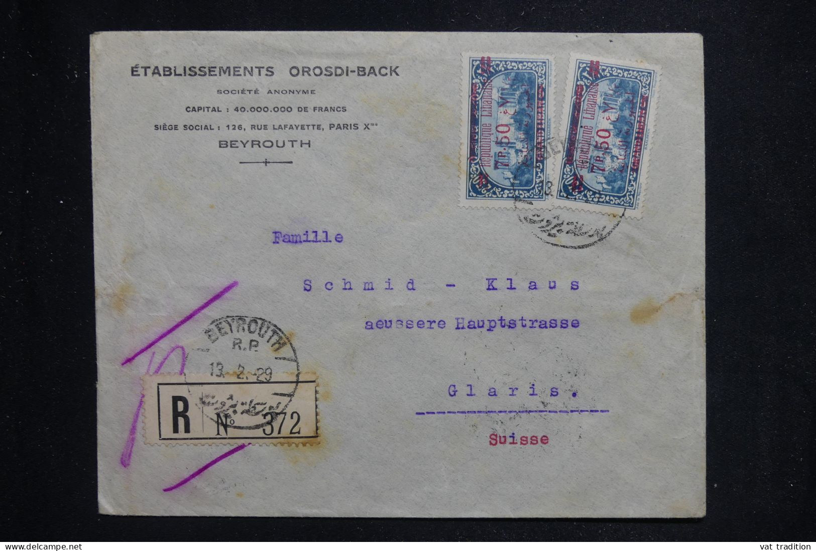 LIBAN - Enveloppe Commerciale En Recommandé De Beyrouth Pour La Suisse En 1929 - L 144103 - Brieven En Documenten