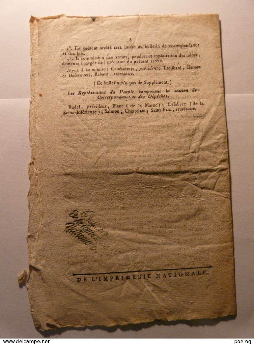 BULLETIN CONVENTION NATIONALE 1795 - GARDES CHAMPETRES - INSUBORDINATION EMPLOYES FABRIQUES ARMES - NOUVELLES DES ARMEES - Wetten & Decreten