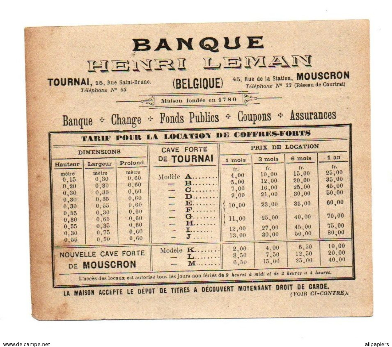 Tarif Pour La Location De Coffres-Forts Banque Henri Leman Tournai Mouscron Belgique - Format : 14x12 Cm - Bank & Versicherung