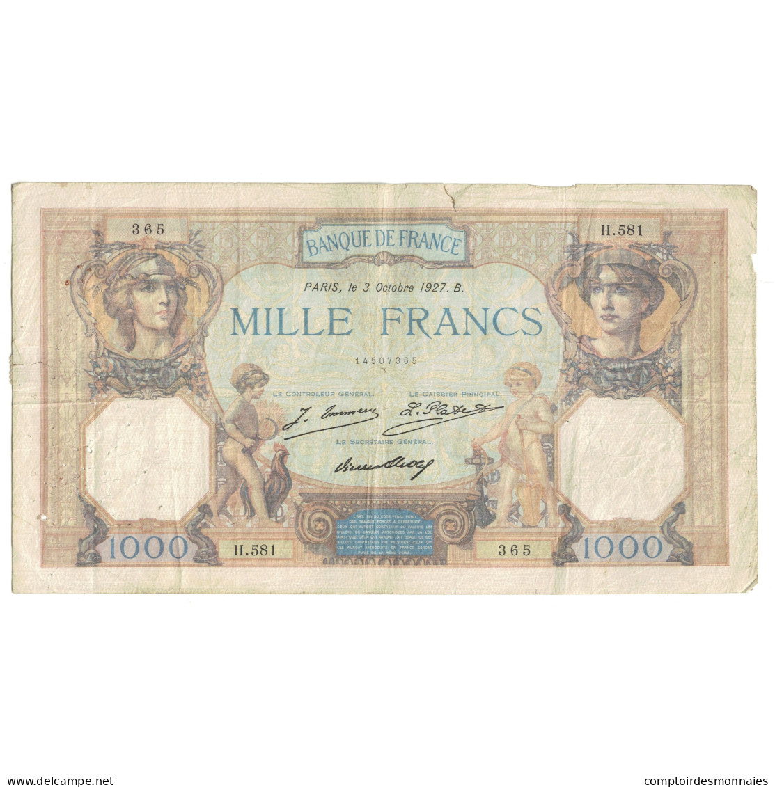 France, 1000 Francs, Cérès Et Mercure, 1927, H.581 365, TB, Fayette:37.1 - 1 000 F 1889-1926 ''Bleu Et Rose''