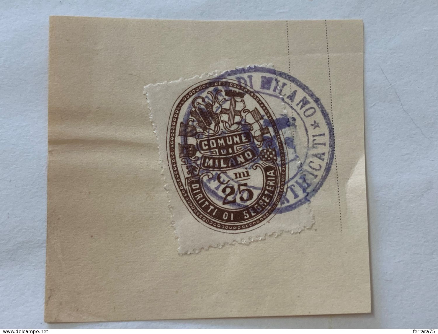 MARCA DA BOLLO SU FRAMMENTO DIRITTI DI SEGRETERIA COMUNE DI MILANO -9 - Revenue Stamps