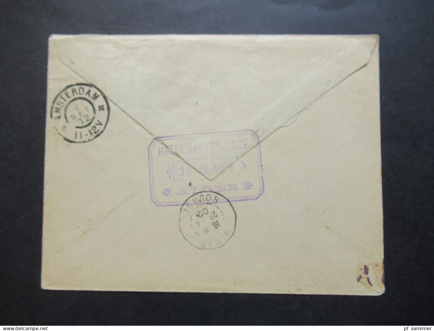 Niederlande 1902 GA Umschlag Mit ZuF Amsterdam Nach Algier (Algerien) / Rücks. Stp. Hotel De La Regence Alger / Retour - Briefe U. Dokumente