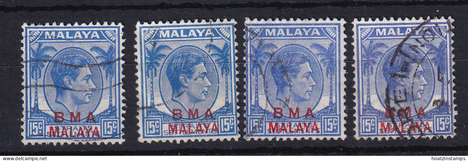 B.M.A. (Malaya): 1945/48   KGVI 'B.M.A.' OVPT   SG12 / 12a/12b / 12ba    15c  [red Overprint]   Used - Malaya (British Military Administration)