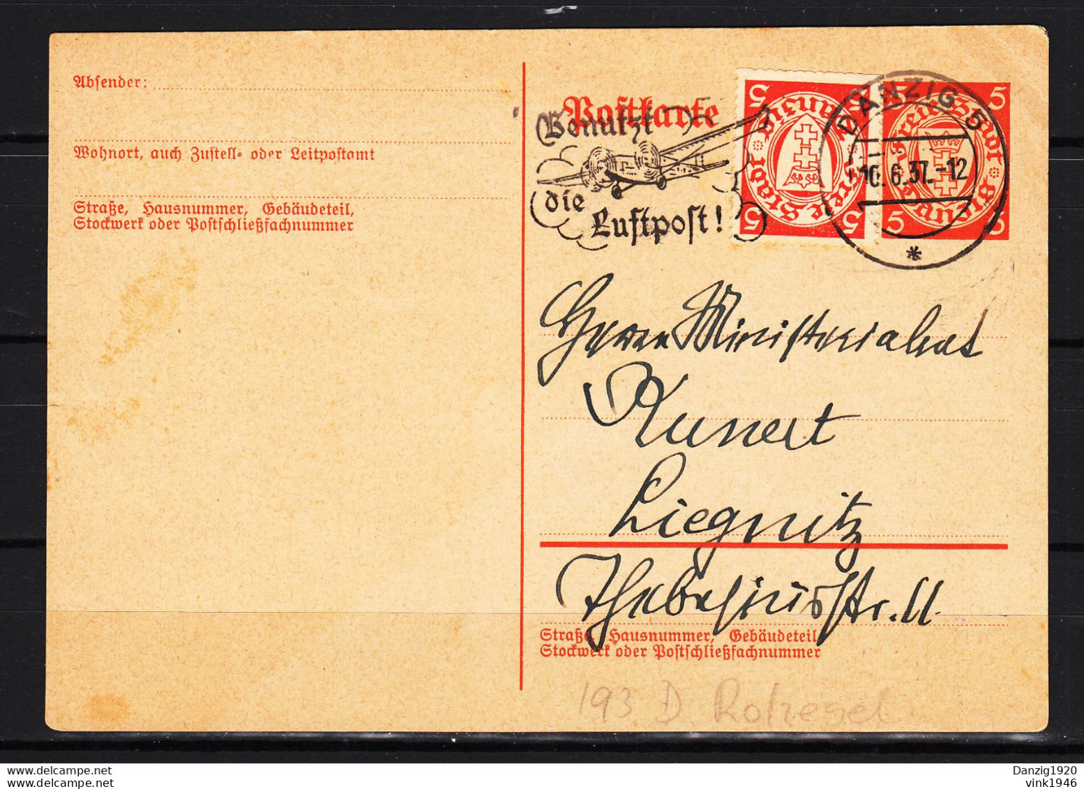 Danzig 1937,Postkarte 5 Pf + 5 Pf Mi 193D Mit Wolff MS 07.5 Gestempelt(D3388) - Ganzsachen