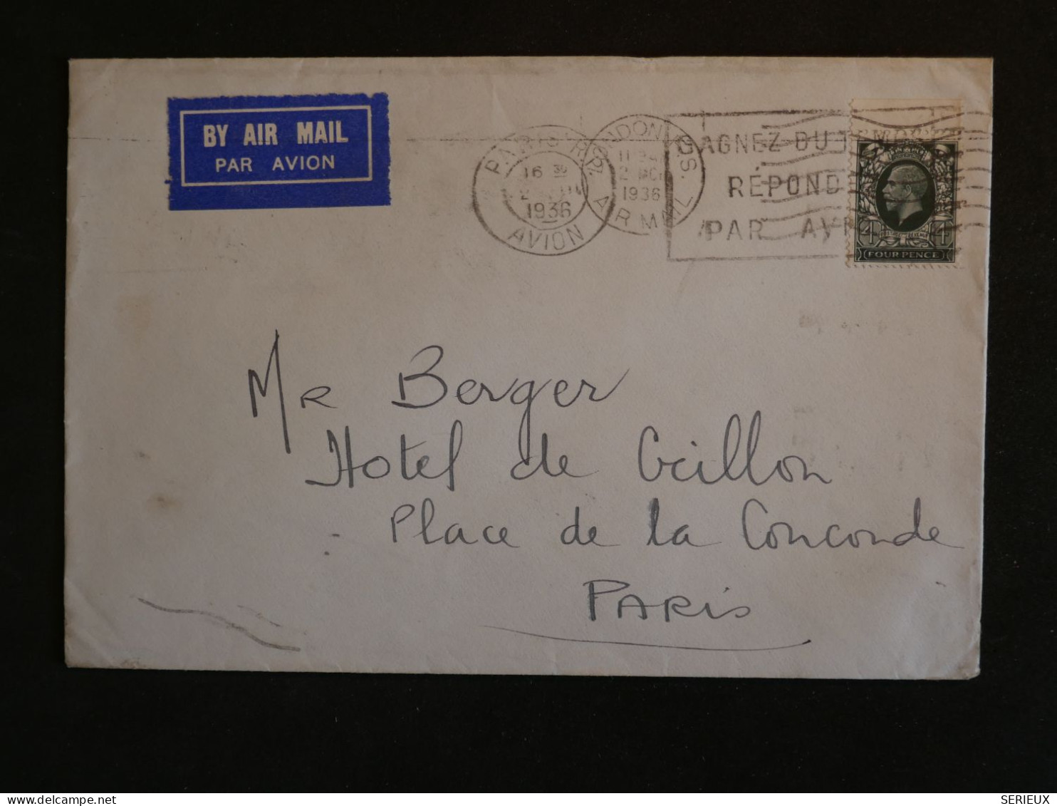 BU4 GREAT BRITAIN BELLE LETTRE RR 1936 AIR MAIL LONDON .+ COLLECTION HOTEL DU CRILLON PARIS +AFF. PLAISANT+ - Briefe U. Dokumente