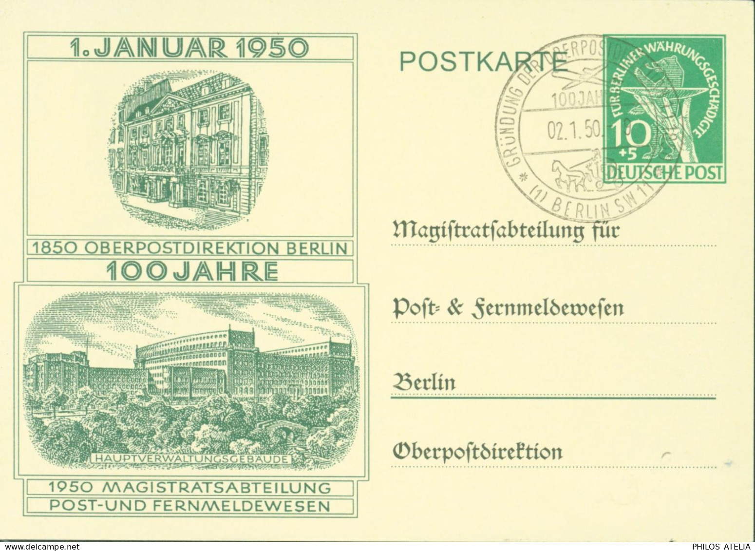 Postkarte Entier Deutsche Post 10+5 Vert Gründung Der Oberpostdirektion Berlin 100 Jahre CAD 02 1 50 - Cartes Postales - Oblitérées