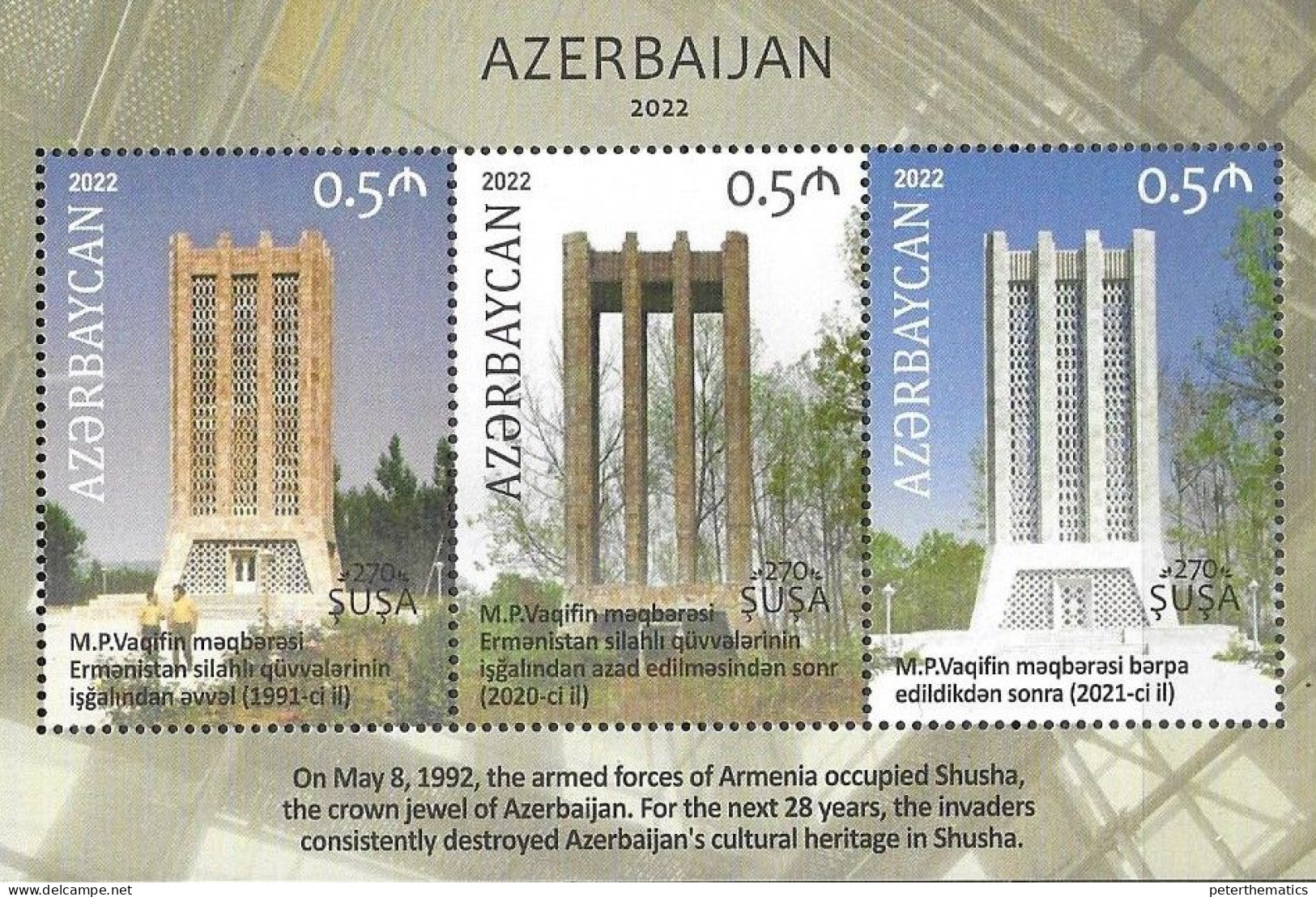 AZERBAIJAN, 2022, MNH, 270th ANNIVERSARY OF SHUSHA , MASOLEUMS, MASOLEUM OF M.P. VAQIFIN, SHEETLET OF 3v - Mosques & Synagogues