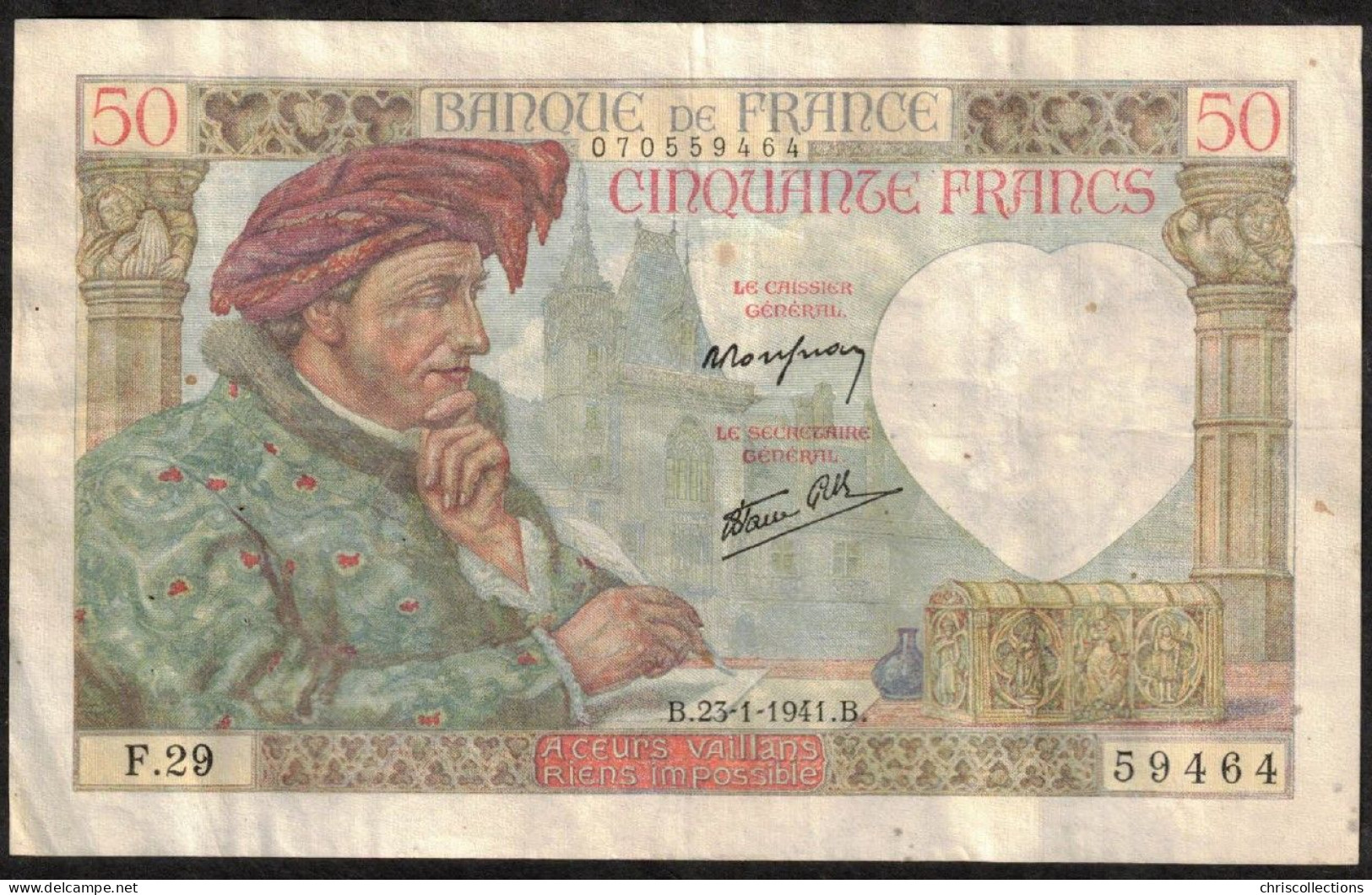 FRANCE - 50 Francs Jacques Coeur - 23/1/1941 - TTB 2 Epinglages -  F : 19/5 - 50 F 1940-1942 ''Jacques Coeur''