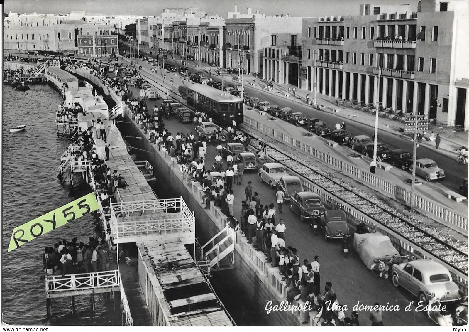 Puglia-lecce-gallipoli Lungomare Animatissima Veduta Auto Epoca Treno Panoramica Anni 50 - Autres & Non Classés