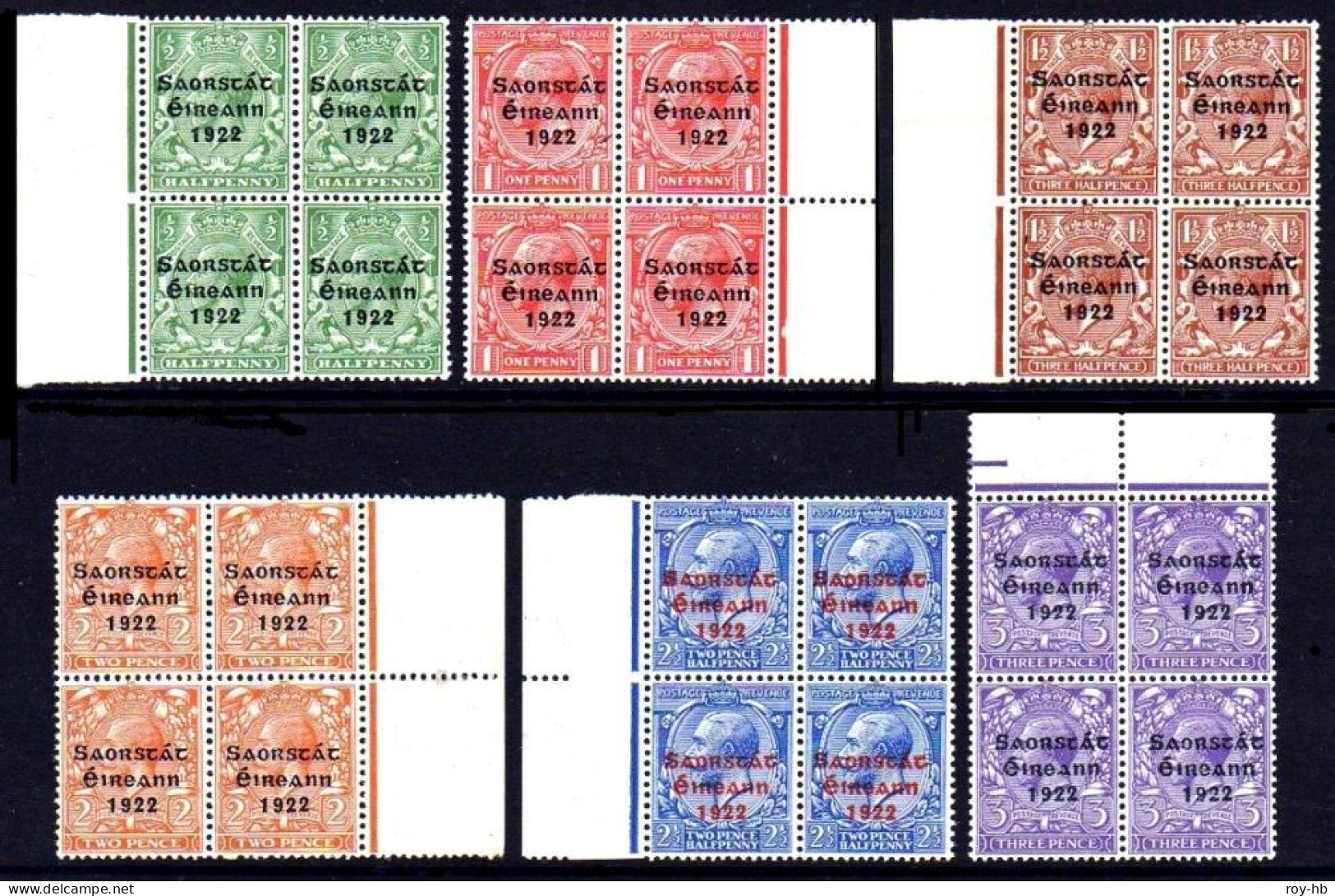 1922-23 Thom Saorstát Set ½d To 1/- In U/m Blocks Of 4. - Unused Stamps