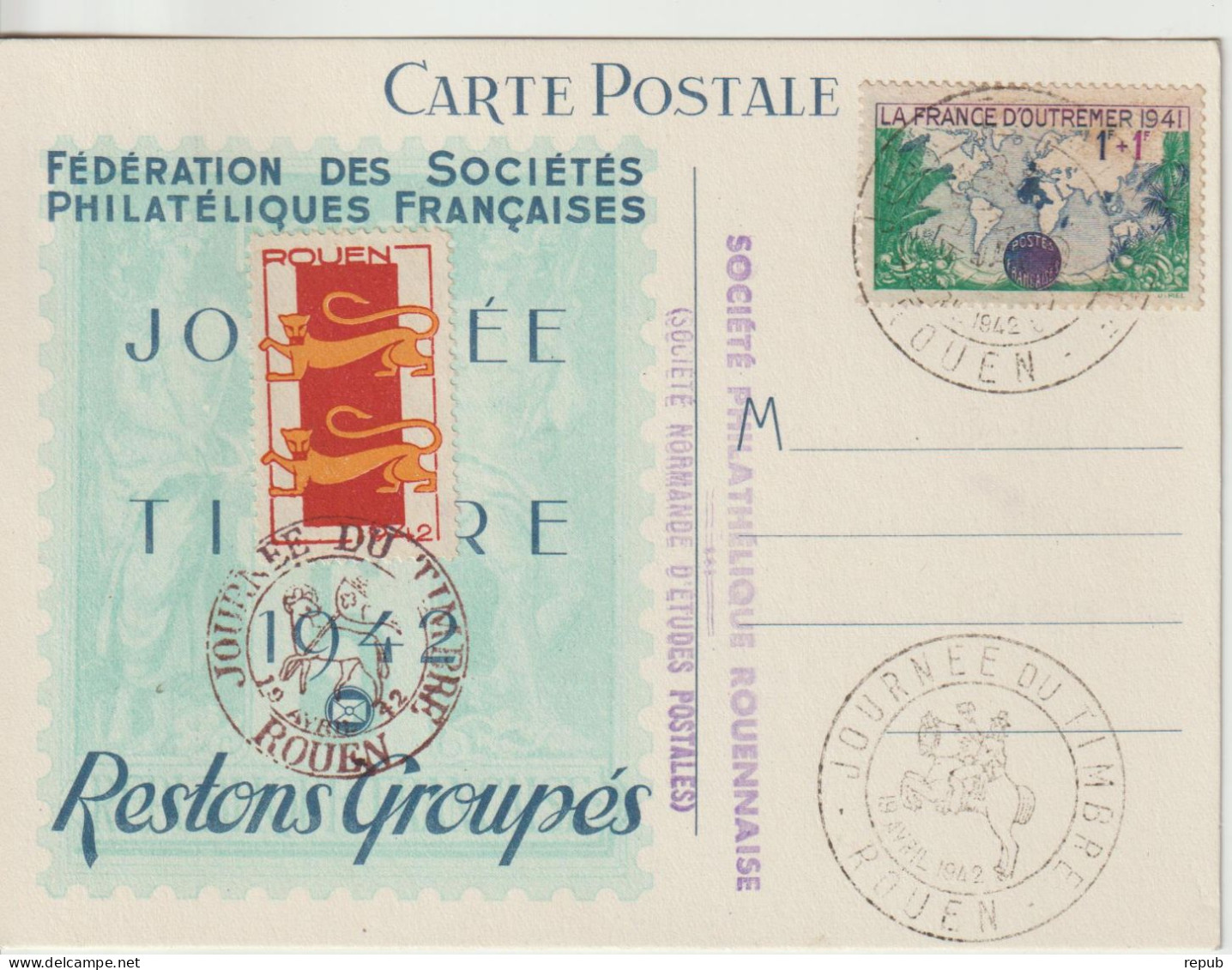 France Carte Journée Du Timbre 1942 Rouen Avec Vignette - Expositions Philatéliques