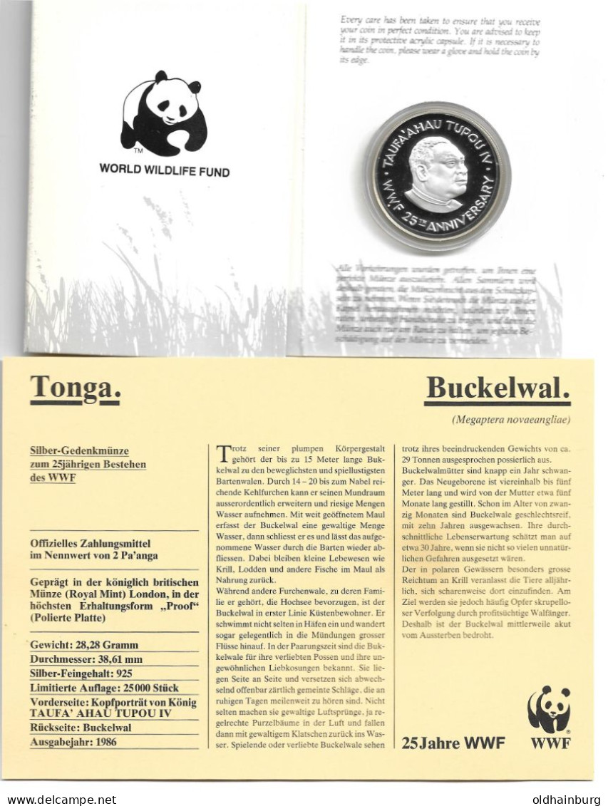 1149q: WWF- Münze Tonga 1986, Buckelwal PP 28,28 Gramm Proof - Tonga