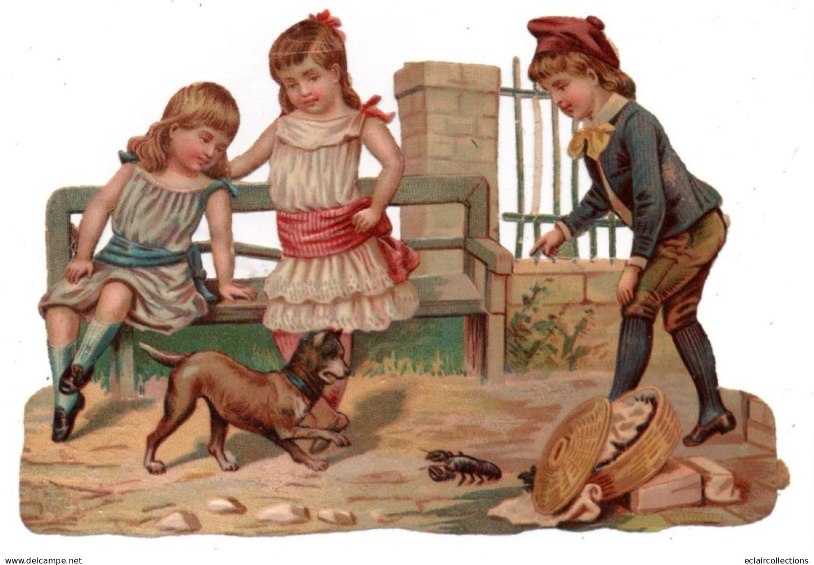 Chromos Découpis Gaufré;   Trois Enfants Jouant . Chien. Homard    15x10  Cms  (voir Scan ) - Children