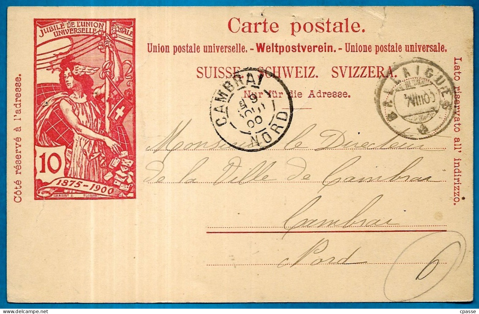 1900 CPA Suisse Jubilé De L'Union Postale Universelle 1875-1900 Postée à BALLAIGUES VD Vaud Vers 59 Cambrai Nord France - Ballaigues