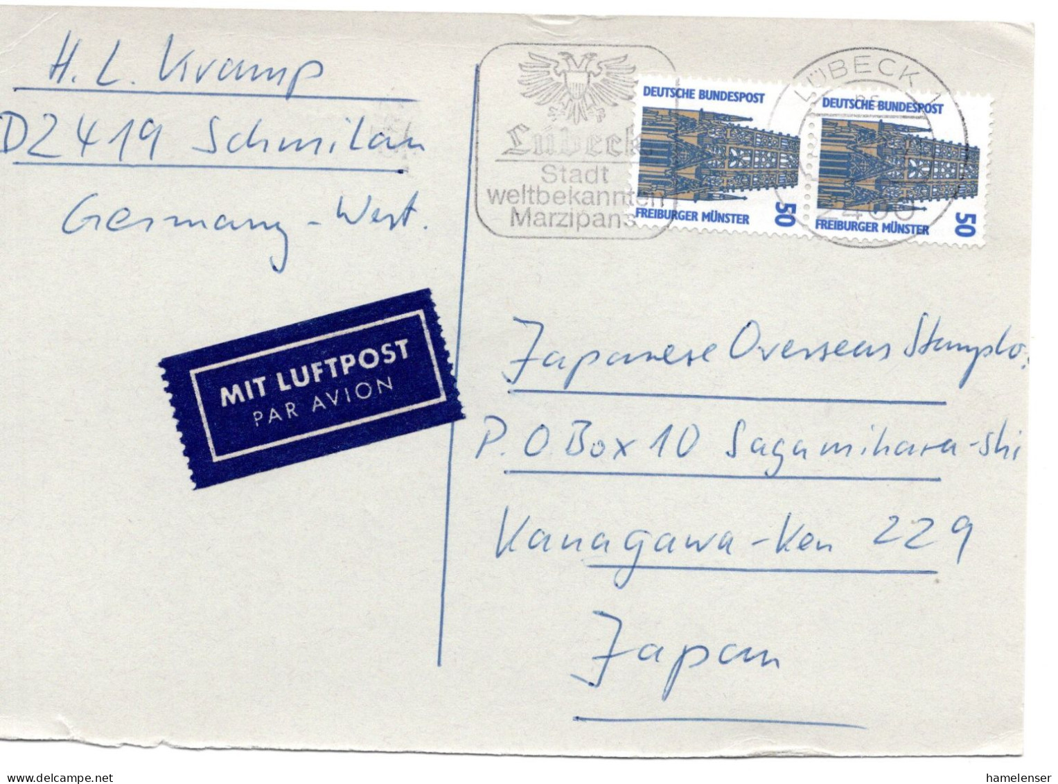 67165 - Bund - 1988 - 2@50Pfg SWK A LpKte LUEBECK - ... -> Japan - Lettres & Documents