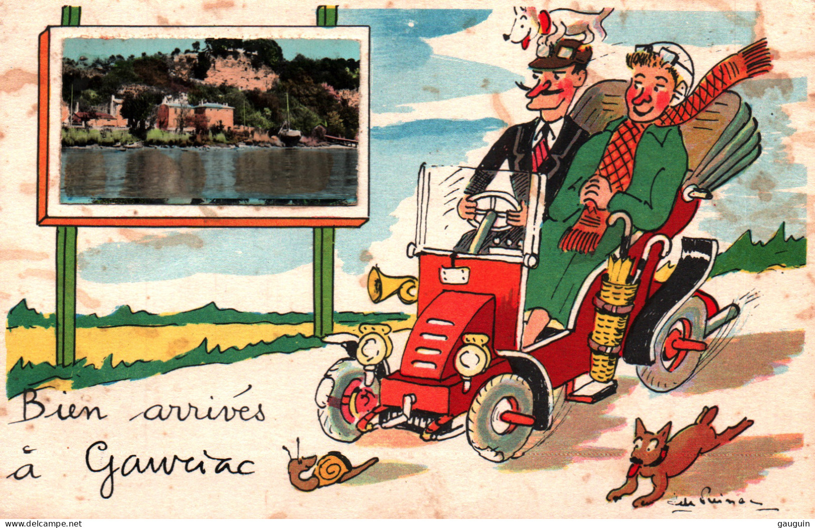 CPA - Illustration Jean De PREISSAC - Fantaisie "Bon Souvenir De GAURIAC" - Thème Voiture - Edition Jean-Pierre - Preissac