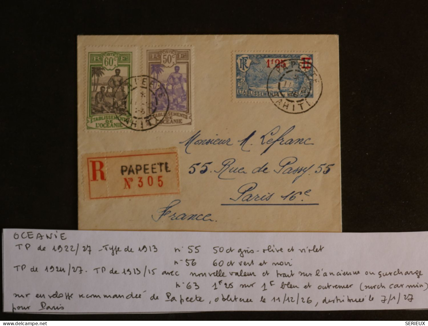 BU7  ET. OCEANIE   BELLE LETTRE RR  1926   PAPEETE  A  PARIS  FRANCE  + SURCHARGE+AFF.  PLAISANT ++ + - Storia Postale