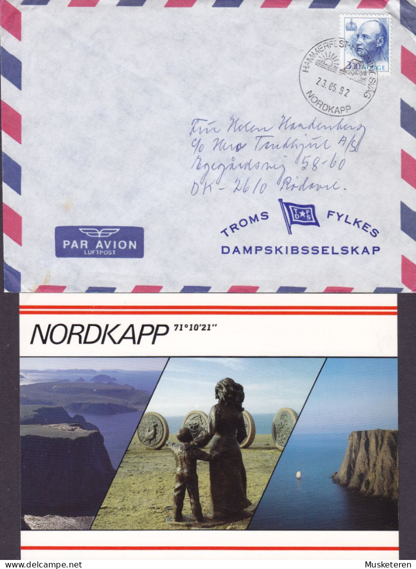 Norway TROMS FYLKES DAMPSKIBSSELSKAB Sonderstempel 'Hammerfest-Honningsvág' NORDKAPP 1992 Cover Brief RØDOVRE Denmark - Covers & Documents