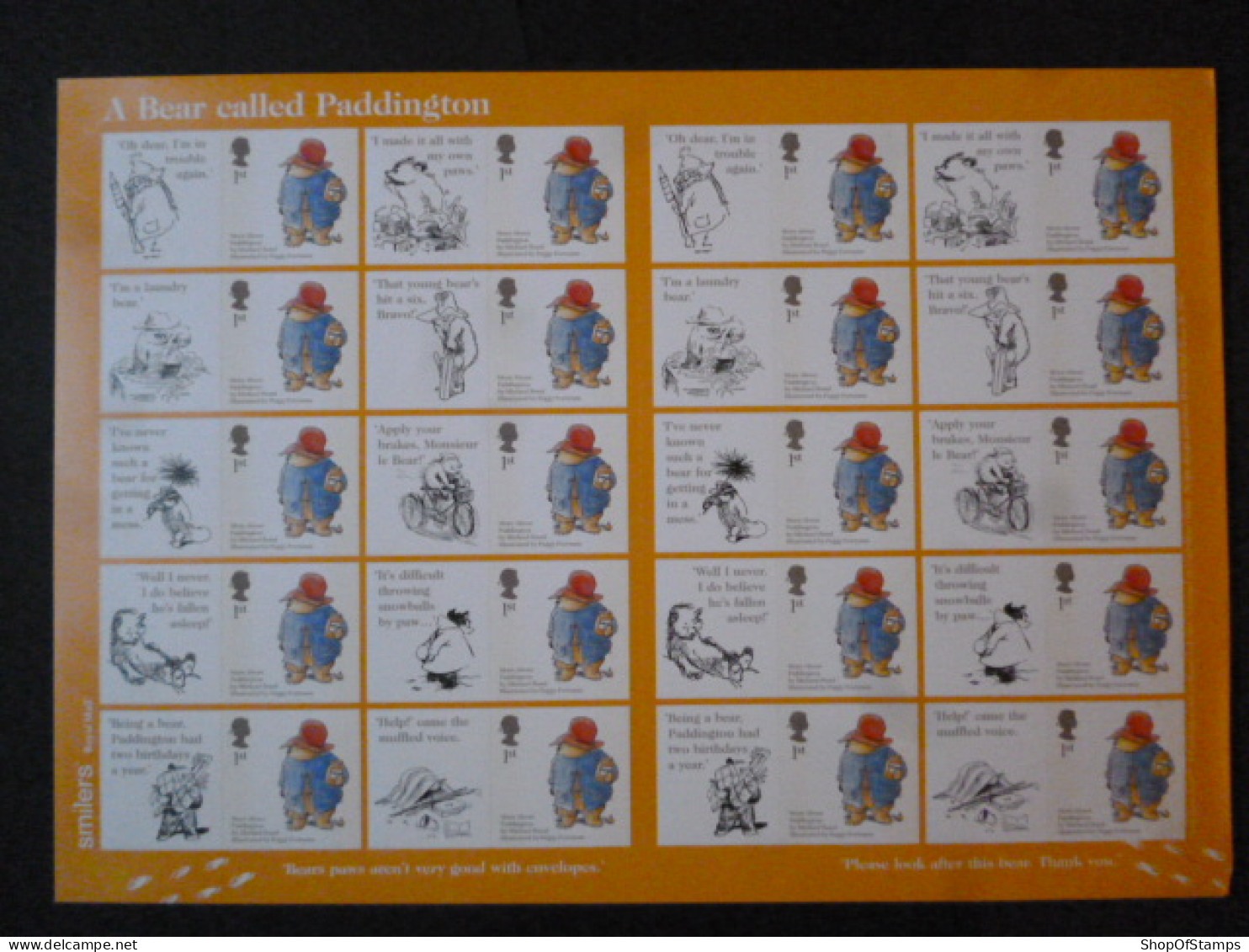 GREAT BRITAIN SG A BEAR CALLED PADDINGTON 20 STAMPS SMILER SHEET WITH GUTTERS & LABELS - Sheets, Plate Blocks & Multiples