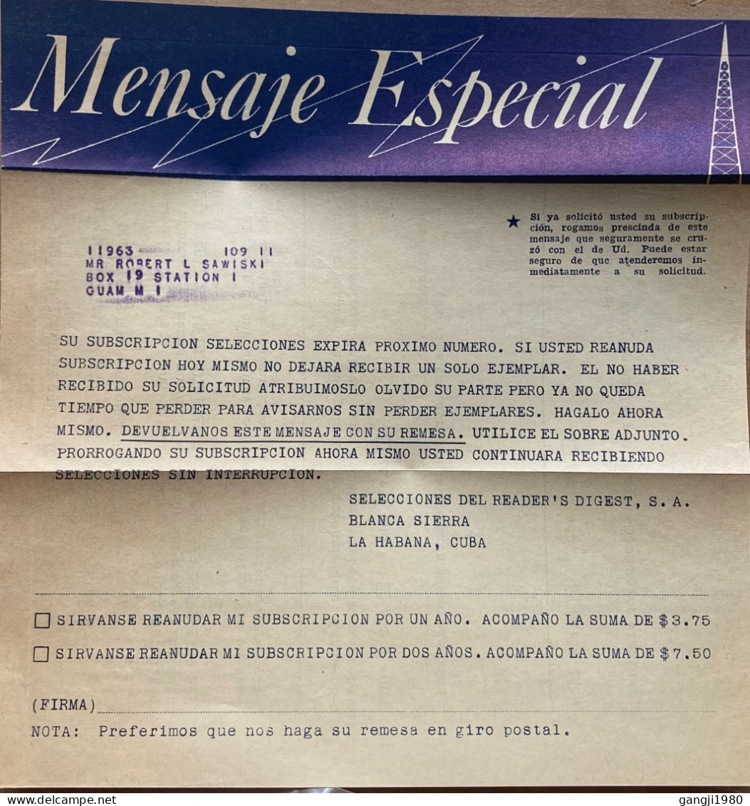 CUBA -GUAM 1949, COVER USED TO  USA VIA GUAM, FORWARED, JOURNAL READER DIGEST, METER MACHINE, BUY CUBAN SUGAR, HAVANA CI - Covers & Documents