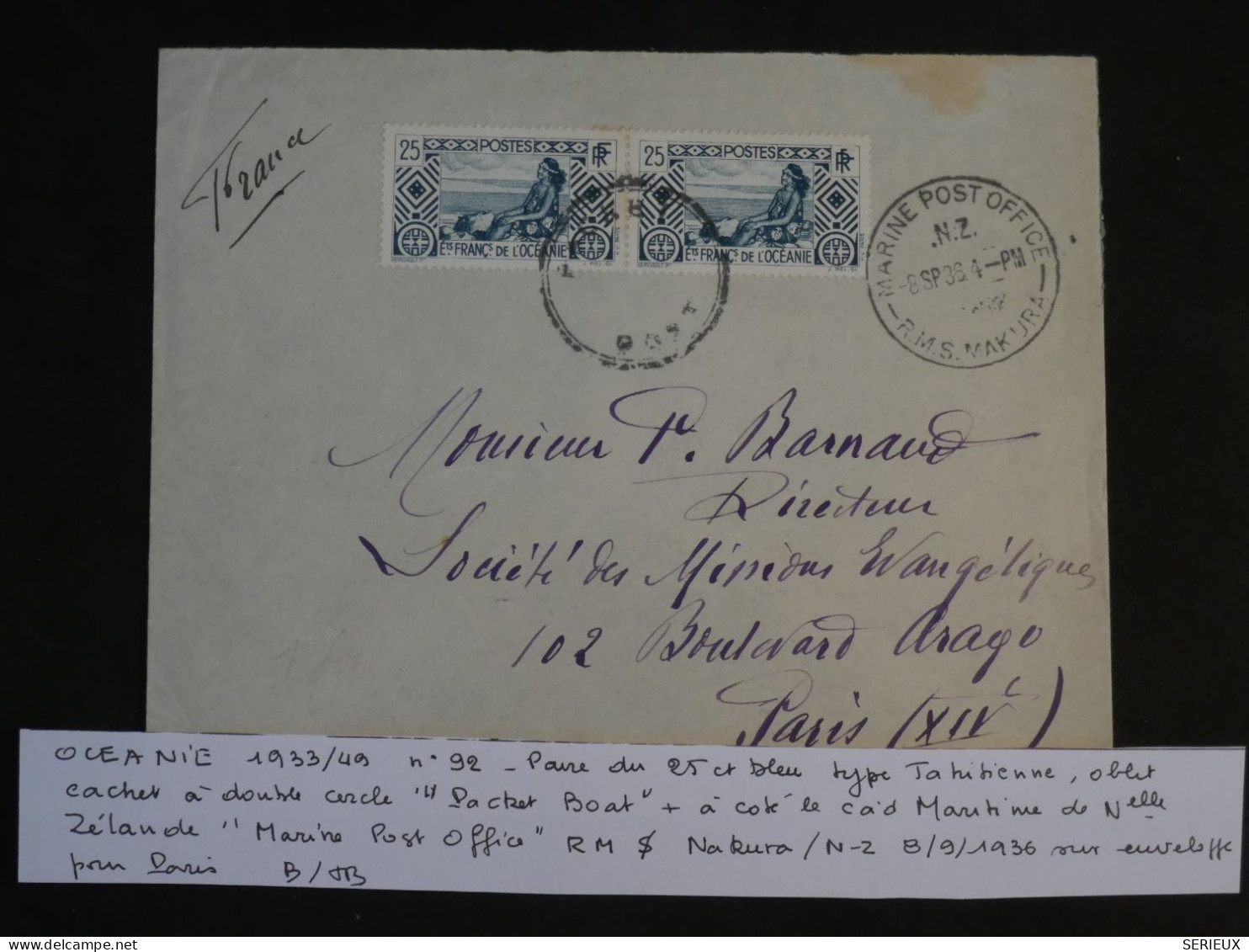 BU8 ET. OCEANIE  BELLE LETTRE   RRR  1939 RMS MAKURA A  PAPEETE +CACHET EVIDé+AFF. PLAISANT++ - Briefe U. Dokumente