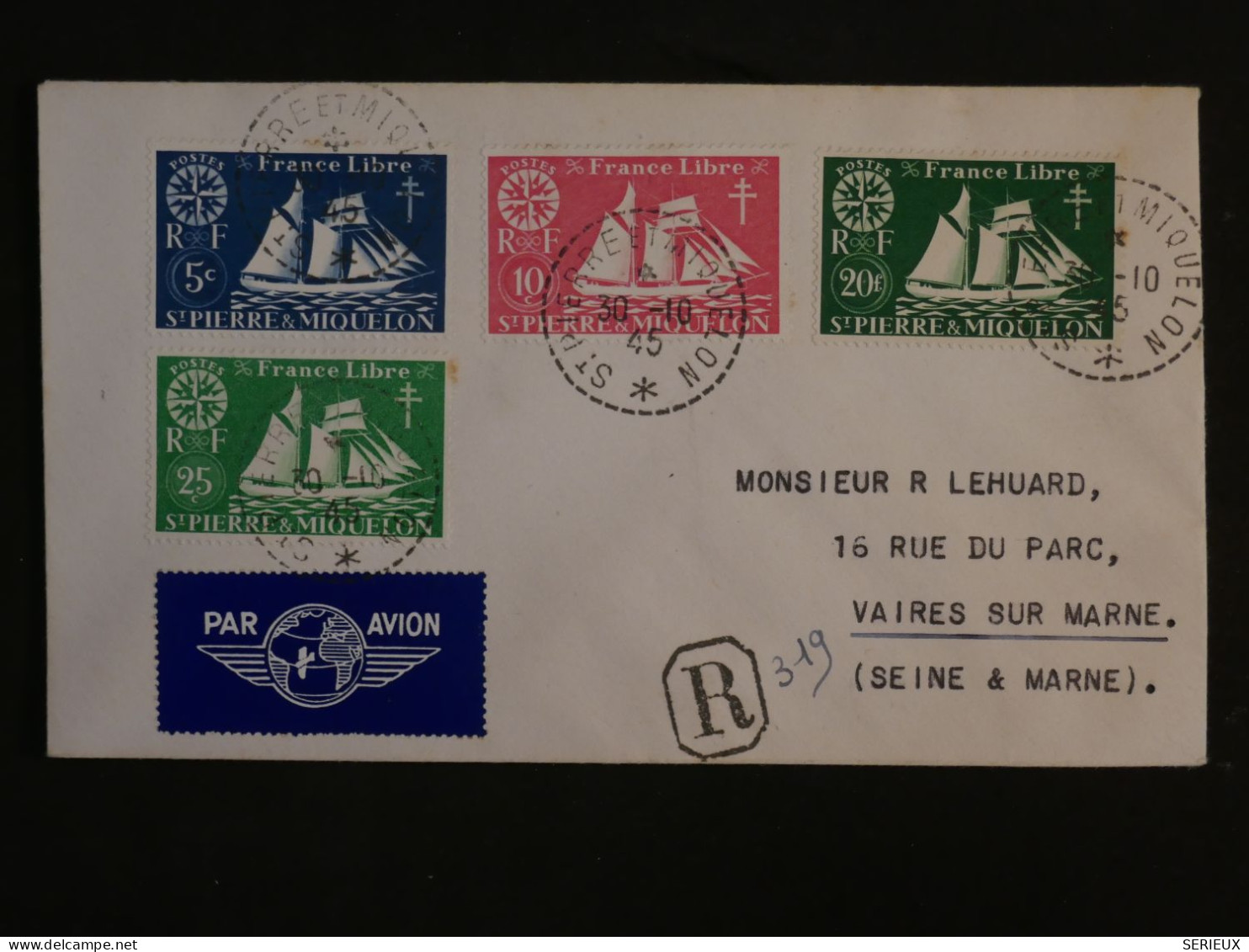 BU8 ST PIERRE MIQUELON BELLE LETTRE FRANCE LIBRE 1945  A  VAIRES  FRANCE  ++ AFF. PLAISANT++ - Covers & Documents