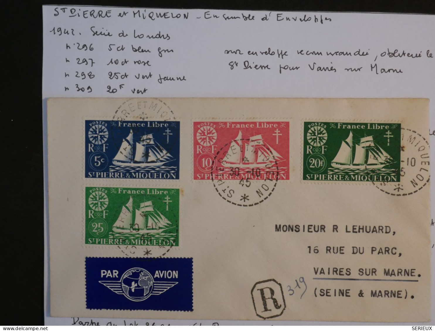 BU8 ST PIERRE MIQUELON BELLE LETTRE FRANCE LIBRE 1945  A  VAIRES  FRANCE  ++ AFF. PLAISANT++ - Covers & Documents