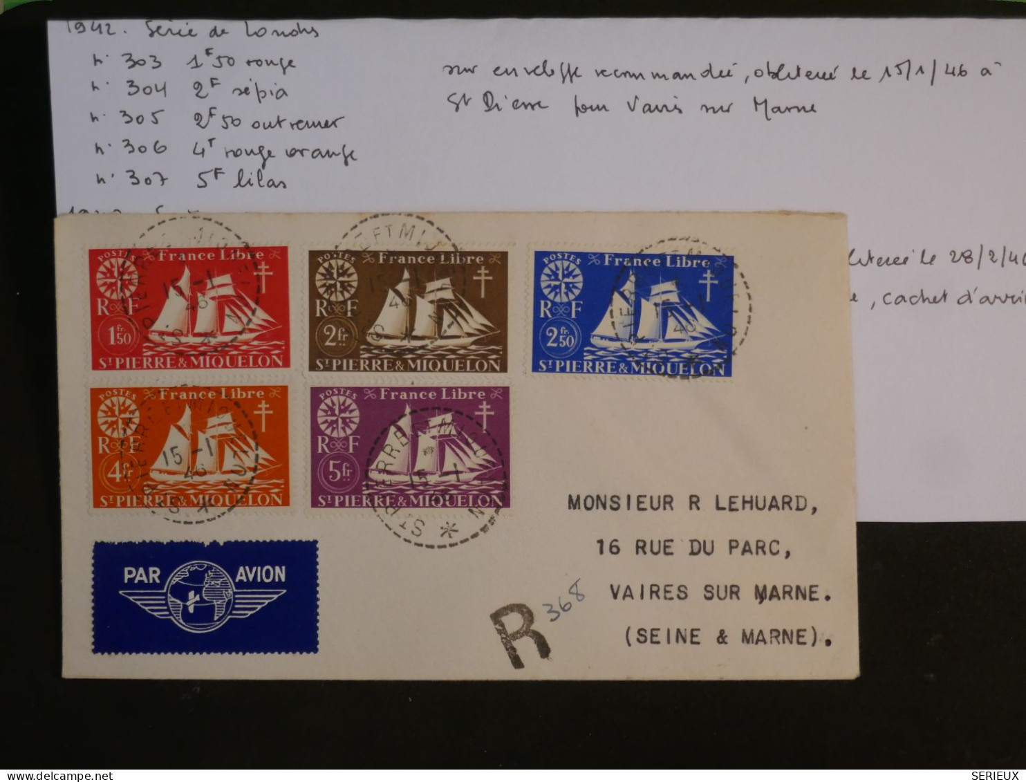 BU8 ST PIERRE MIQUELON BELLE LETTRE FRANCE LIBRE 1945  A  VAIRES  FRANCE  ++ AFF. PLAISANT++ - Storia Postale