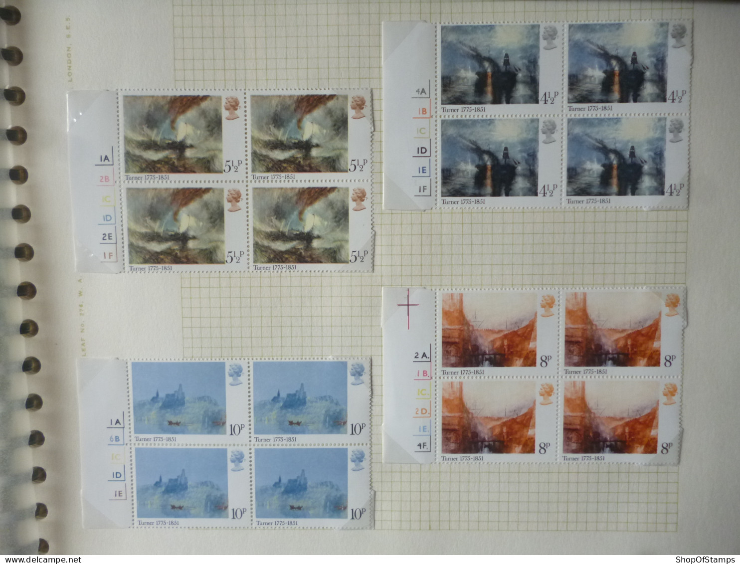 GREAT BRITAIN SG 971-4 J.M.W.TURNER BIRTH BICENTENAY BL4 MARGIN - Sheets, Plate Blocks & Multiples