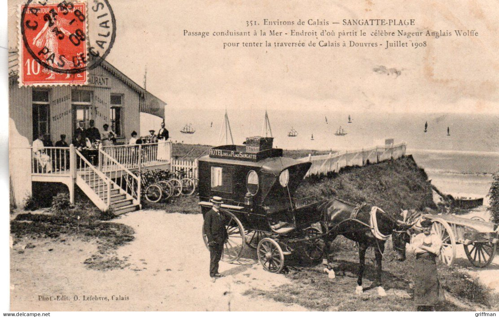 SANGATTE PLAGE VOITURE A CHEVAL DU RESTAURANT HOTEL DE LA PLAGE 1908 TBE - Sangatte