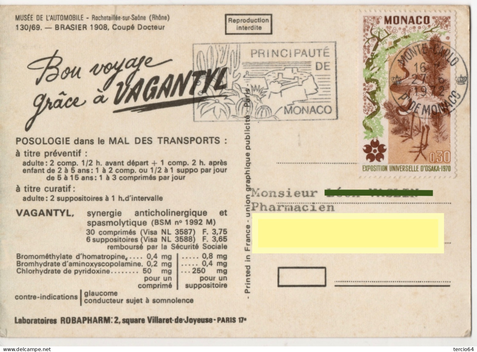 MONACO Carte Postale Avec Flamme + Oblitération 27/06/1972 Sur N° 823 Voiture BRASIER 1908 Coupé Docteur - Brieven En Documenten