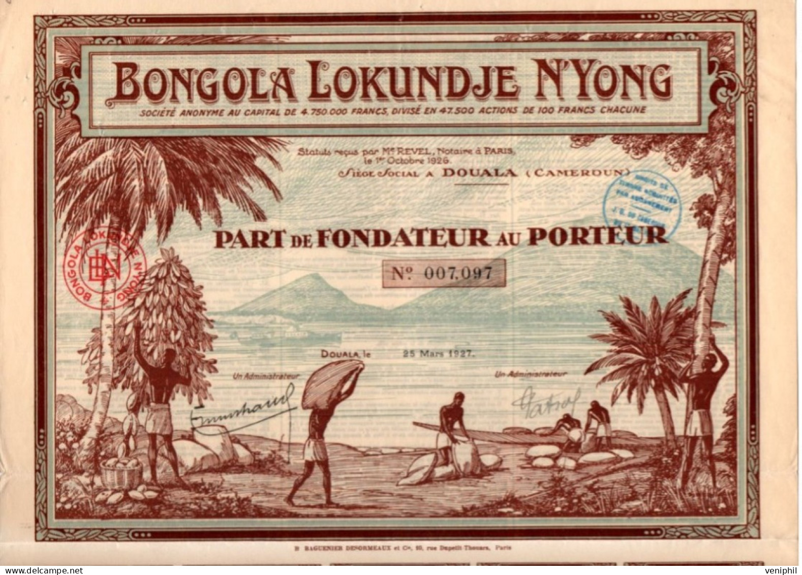 BONGOLA LOKUNDJE N'YONG - DOUALA - CAMEROUN -   1 PART DE FONDATEUR  - ANNEE 1927 - Africa