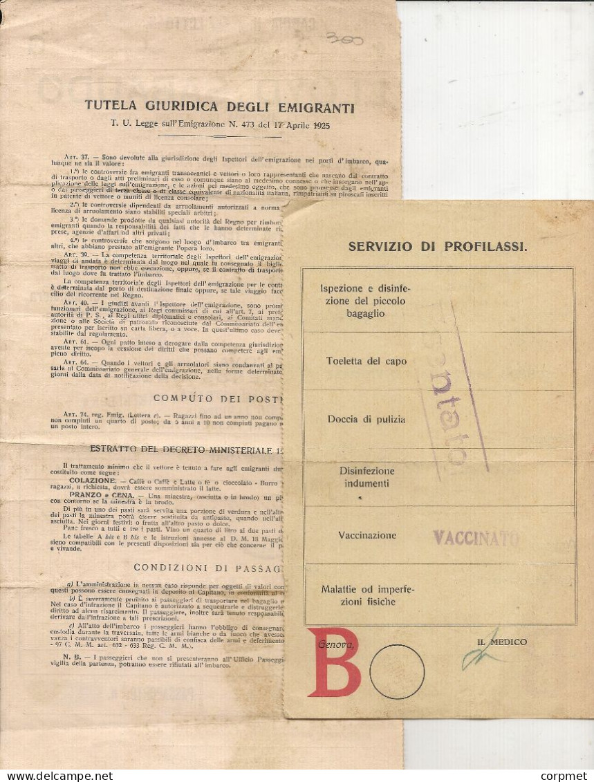 BOAT TICKET 1930 LLOYD SABAUDO- Ship CONTE ROSSO- GENOVA To BUENOS AIRES  + CONTE ROSSO Smallpox Vaccination Certificate - Mundo