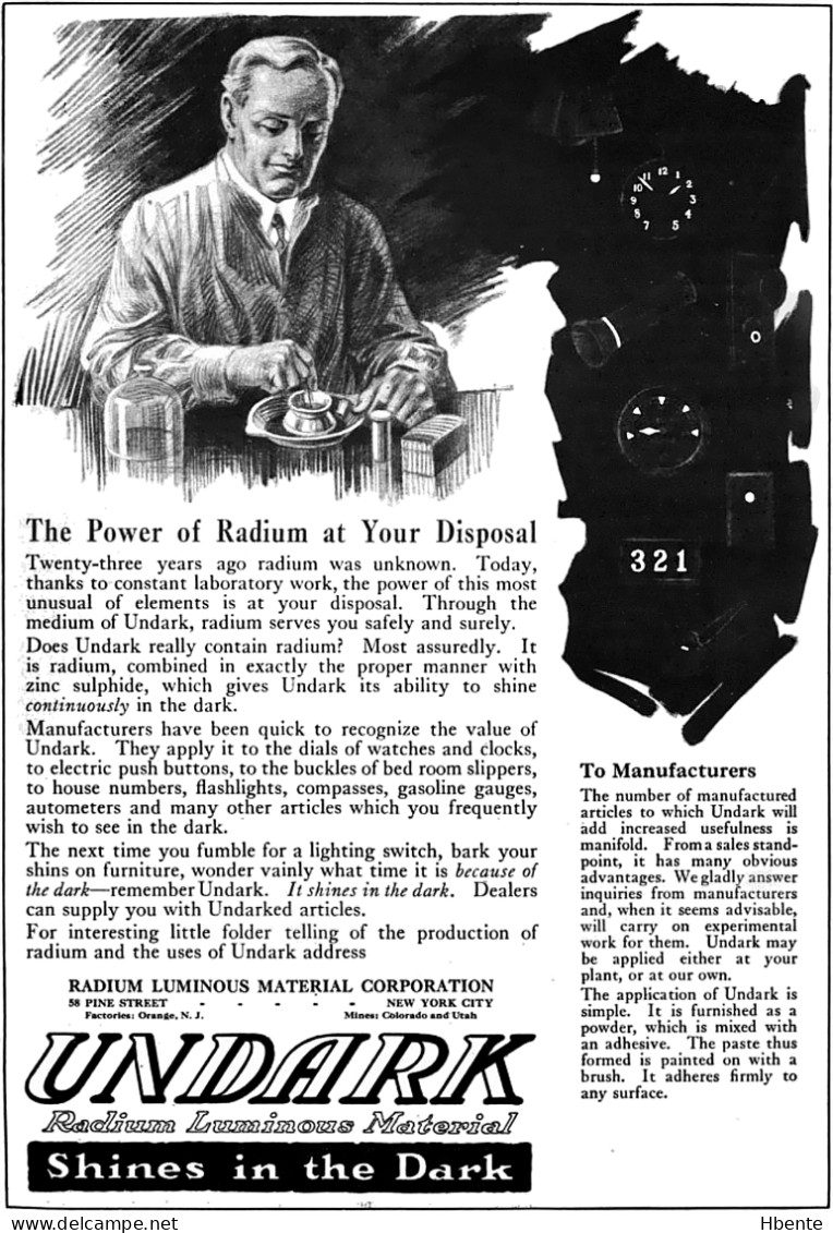 Undark Radium Luminous Material Dials Watches Clocks Shines In Dark - Advertising 1921 (Photo) - Voorwerpen