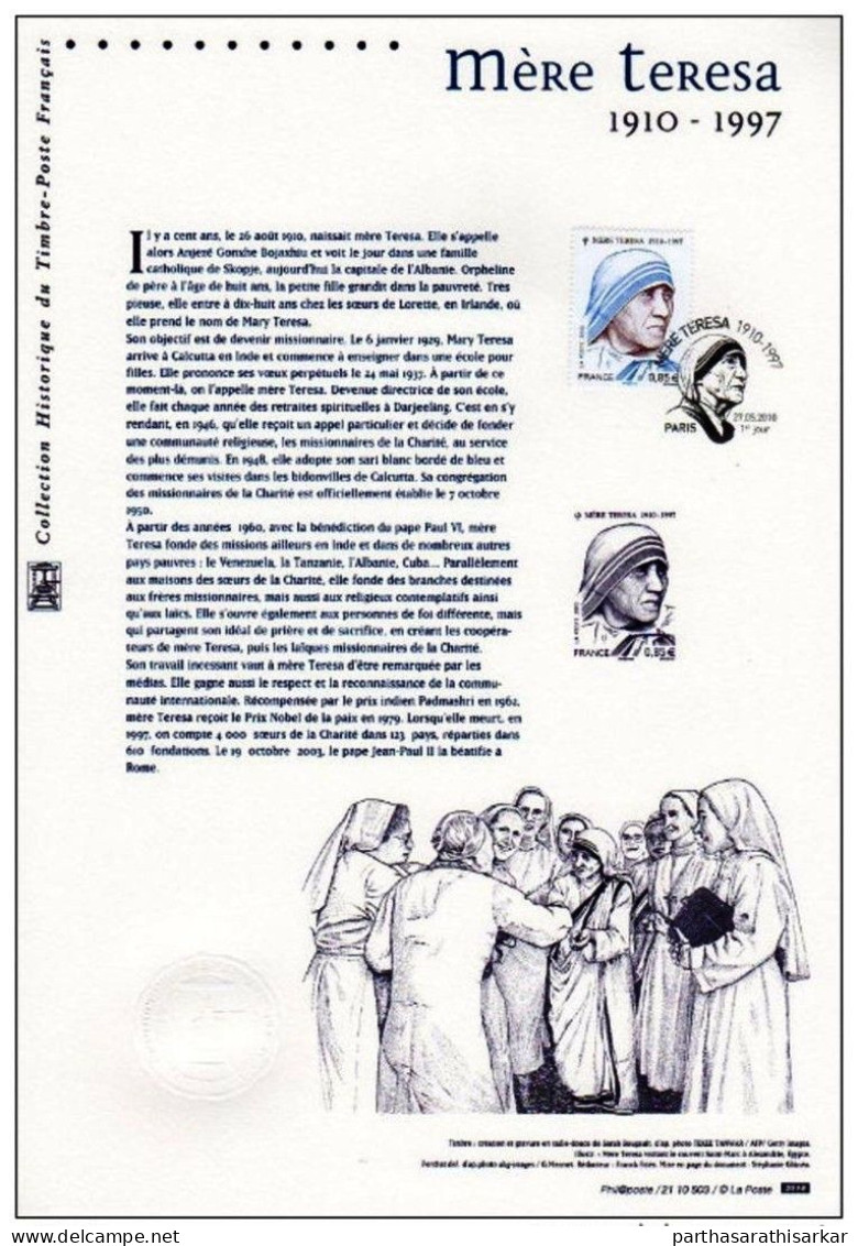 FRANCE 2010 100TH BIRTH ANNIVERSARY OF MOTHER TERESA, 1910-1997 OFFICIAL CANCELED FOLDER WITH DIE PROOF - Moeder Teresa