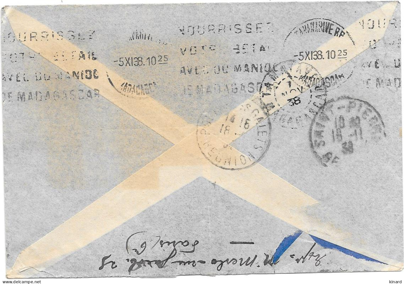  LETTRE  LA REUNION  1938. PAR AVION FLYERS MADAGASCAR AU DOS CACHET POINTES DES GALETS  TBE SCAN - Storia Postale