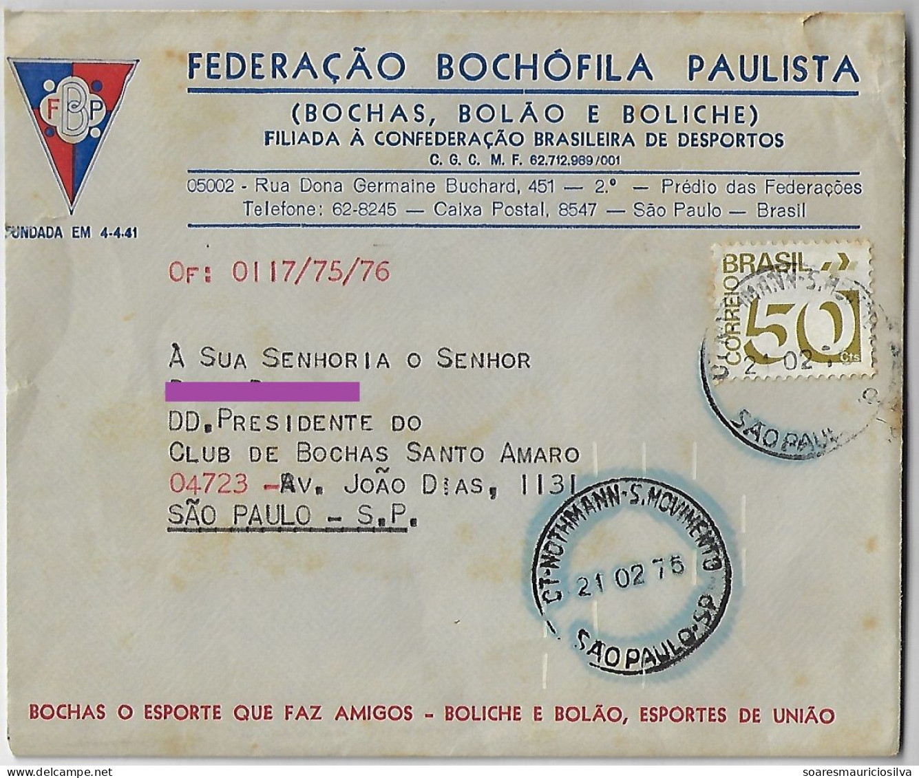 Brazil 1975 São Paulo Bochophile Federation Cover Shipped In São Paulo Agency Nothmann Stamp 50 Cents Telefunken Sorting - Briefe U. Dokumente