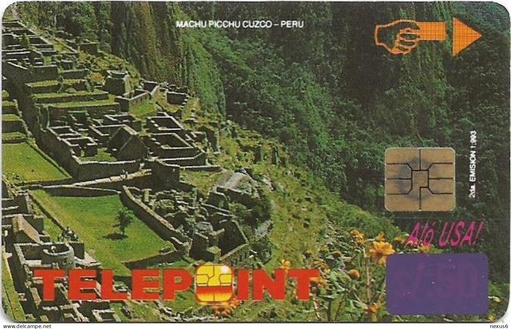 Peru - Telepoint - Machu Picchu [Reverse Aló-USA (Puzzle 4/4)], Purple Overpr. Sticker 45+5 Sol, Used - Peru