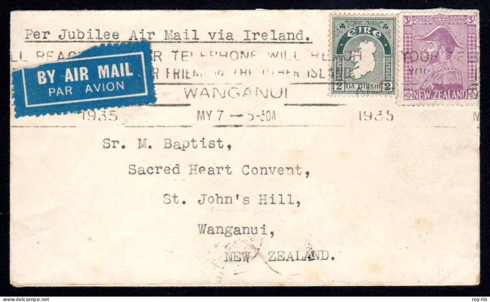 1935 (May 7) Cover From Wanganui (NZ) Headed "Per Jubilee Air Mail Via Ireland", Franked NZ Admiral 3/-, Read On .... - Posta Aerea