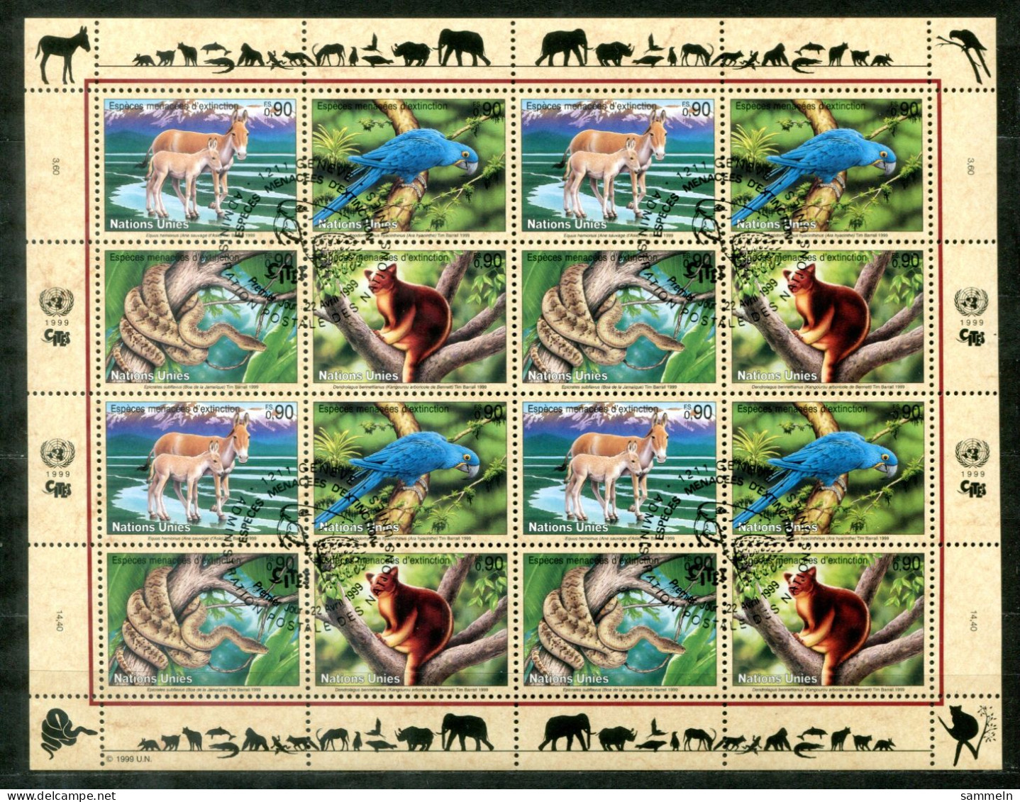 UNO-GENF 369-372 KB FD Canc. - Esel,Papagei,Schlange, Baumkänguru, Donkey, Ara, Snake, Kangaroo - UN GENEVA / ONU GENÈVE - Blocs-feuillets