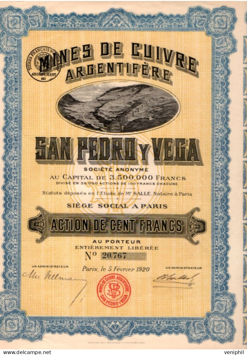 MINES DE CUIVRE ARGENTIFERE -  SAN PEDRO Y VEGA - MEXIQUE - ACTION DE CENT FRANCS - ANNEE 1920 - Miniere