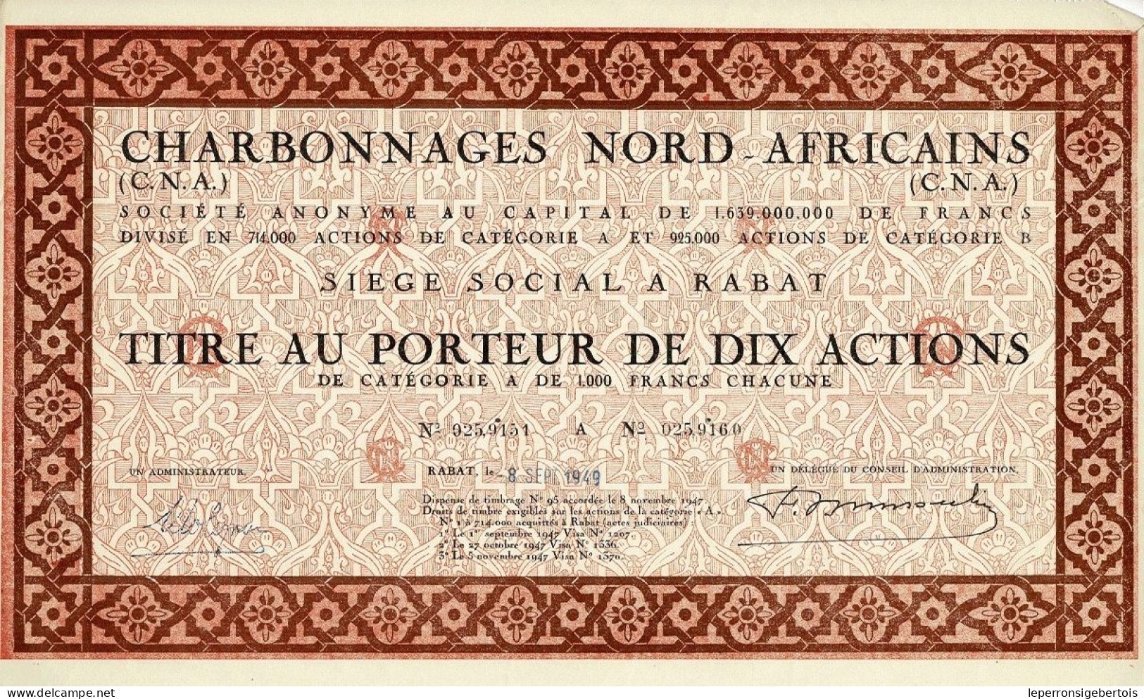 Titre De 1949 - Charbonnages Nord - Africains - Maroc - Afrika