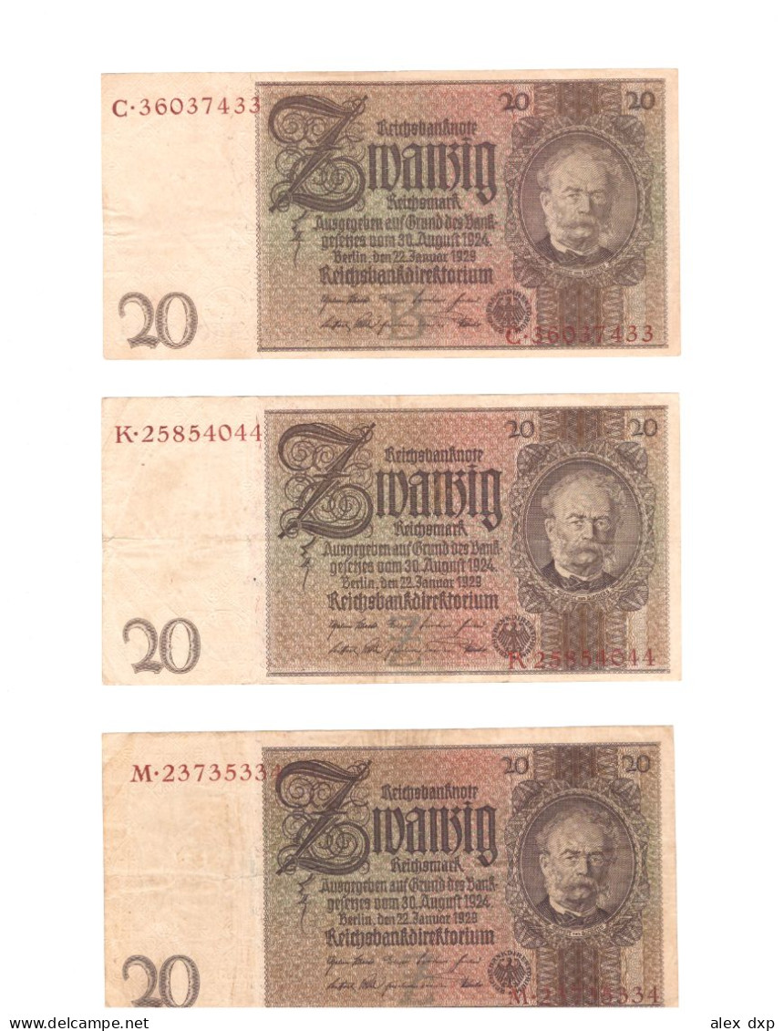 GERMANY P-181a > 3x 20 MARK 1929, BROWN SERIAL NUMBER - 20 Mark