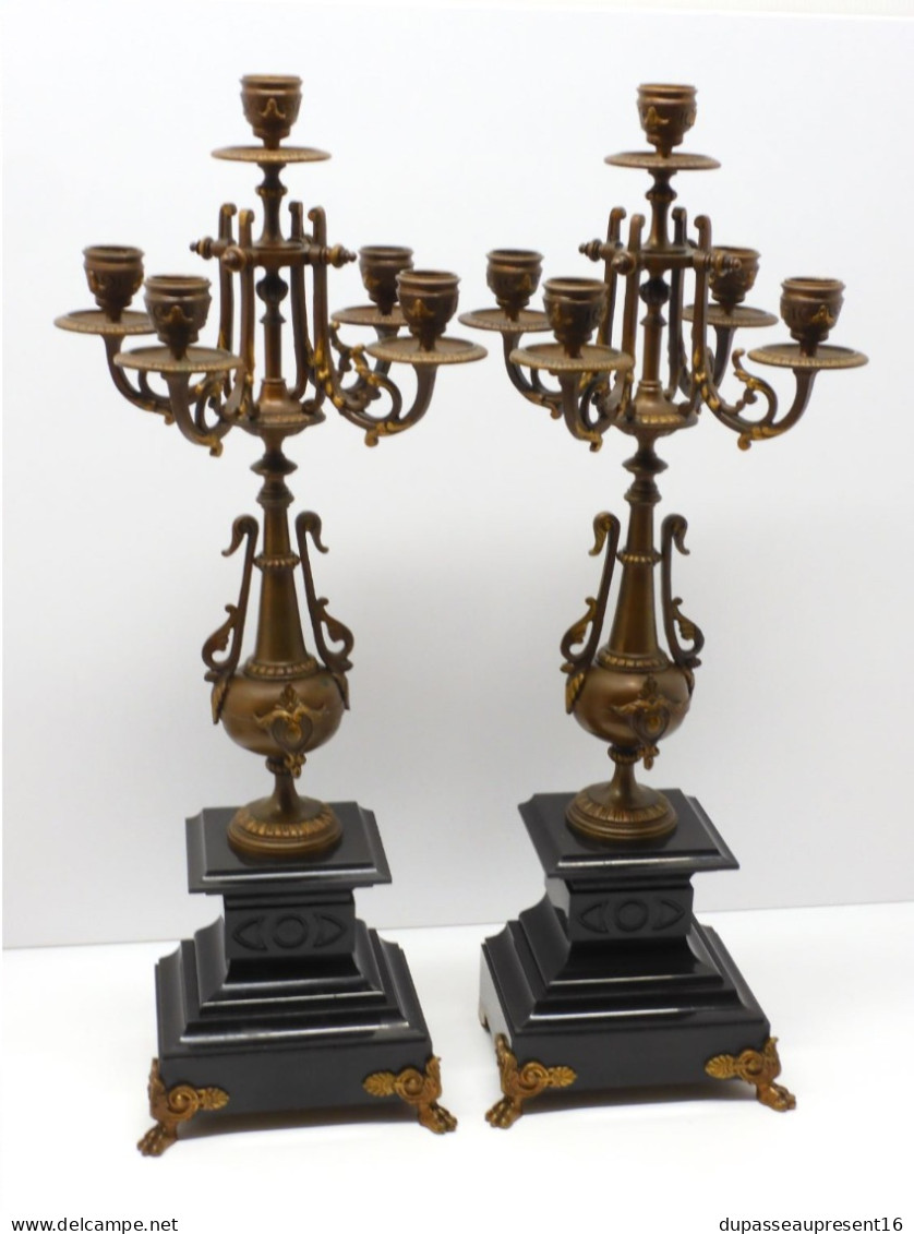 - BELLE PAIRE De BOUGEOIRS CANDELABRES 5 FEUX NAPOLEON III BRONZE MARBRE NOIR   E - Chandeliers, Candelabras & Candleholders