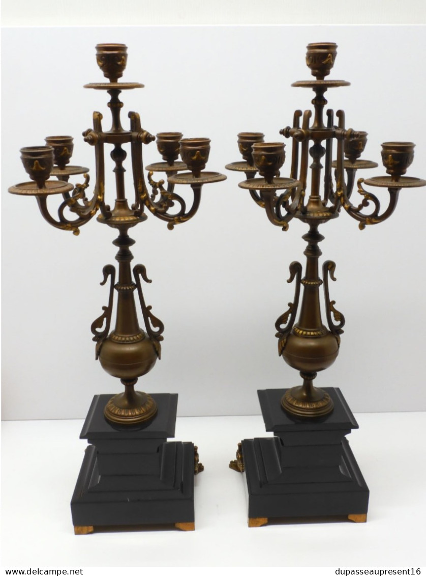 - BELLE PAIRE de BOUGEOIRS CANDELABRES 5 FEUX NAPOLEON III BRONZE MARBRE NOIR   E