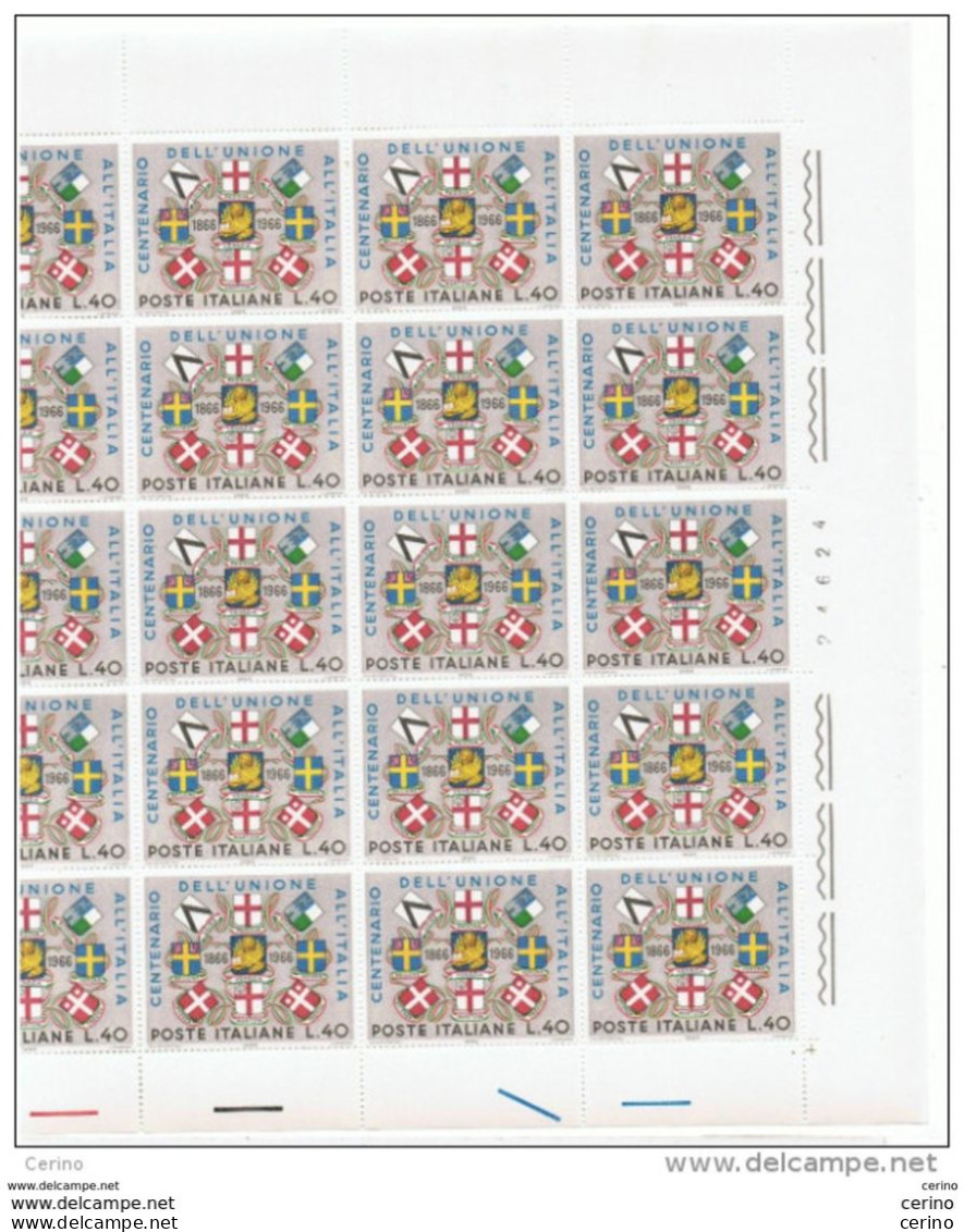 REPUBBLICA:  1966  ANNESSIONE  VENETO  -  £. 40  POLICROMO  FGL.  25  N. -  SASS. 1019 - Full Sheets