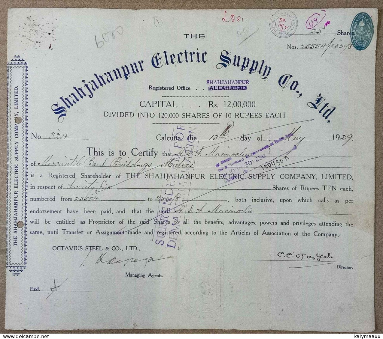 BRITISH INDIA 1929 THE SHAHJAHANPUR ELECTRIC SUPPLY COMPANY LIMITED, ELECTRICITY....SHARE CERTIFICATE - Electricity & Gas