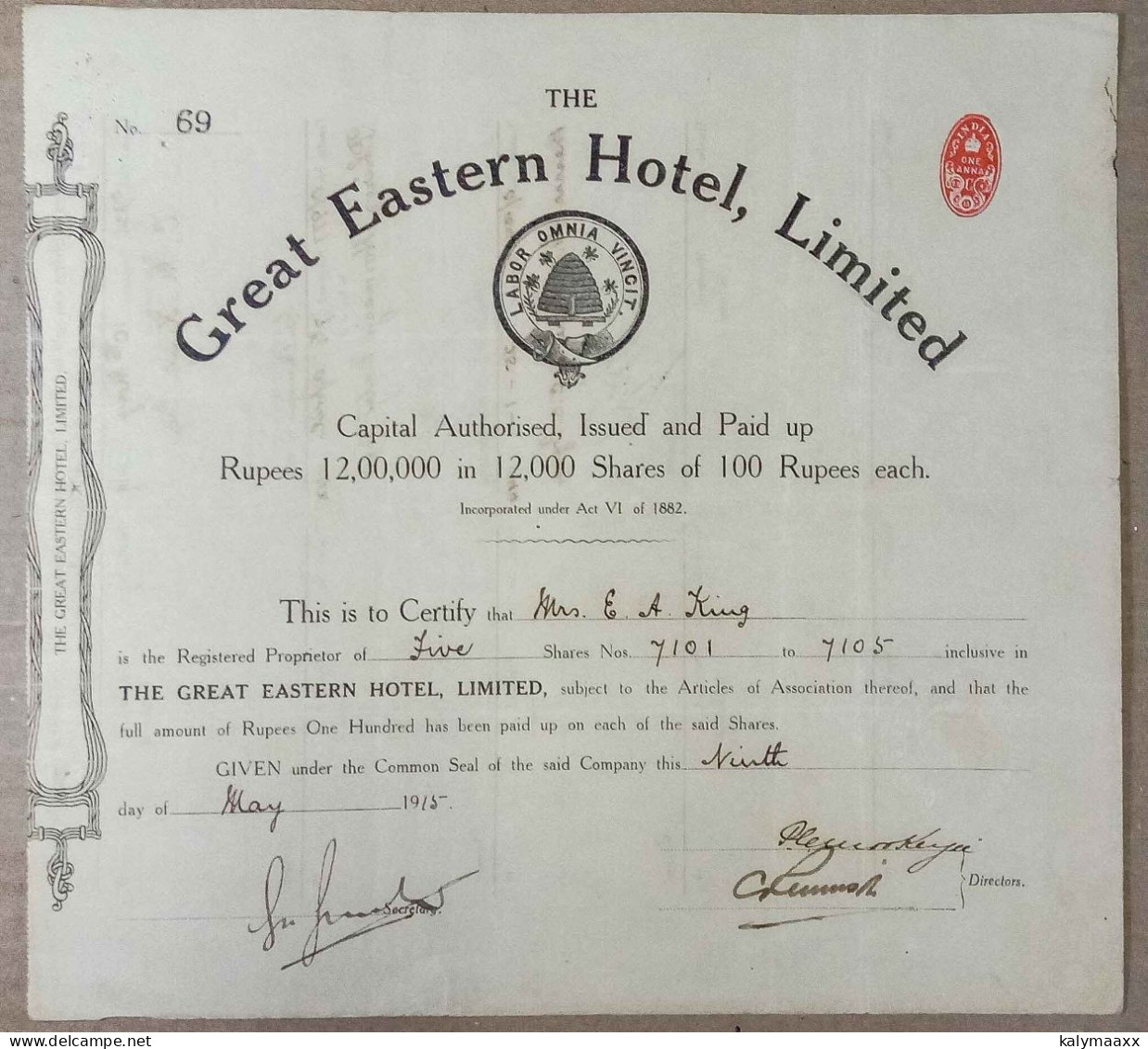 BRITISH INDIA 1915 THE GREAT EASTERN HOTEL LIMITED, HOSPITALITY BUSINESS, HOTEL.....SHARE CERTIFICATE - Tourism