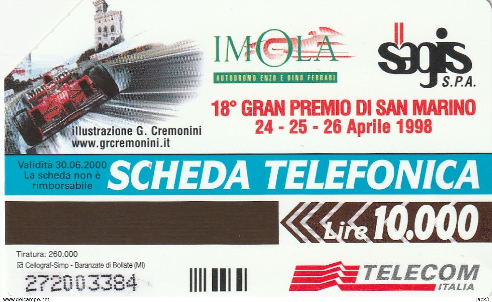 SCEDA TELEFONICA - XVIII GRAN PREMIO DI SAN MARINO 1998 (2 SCANS) - Publieke Thema